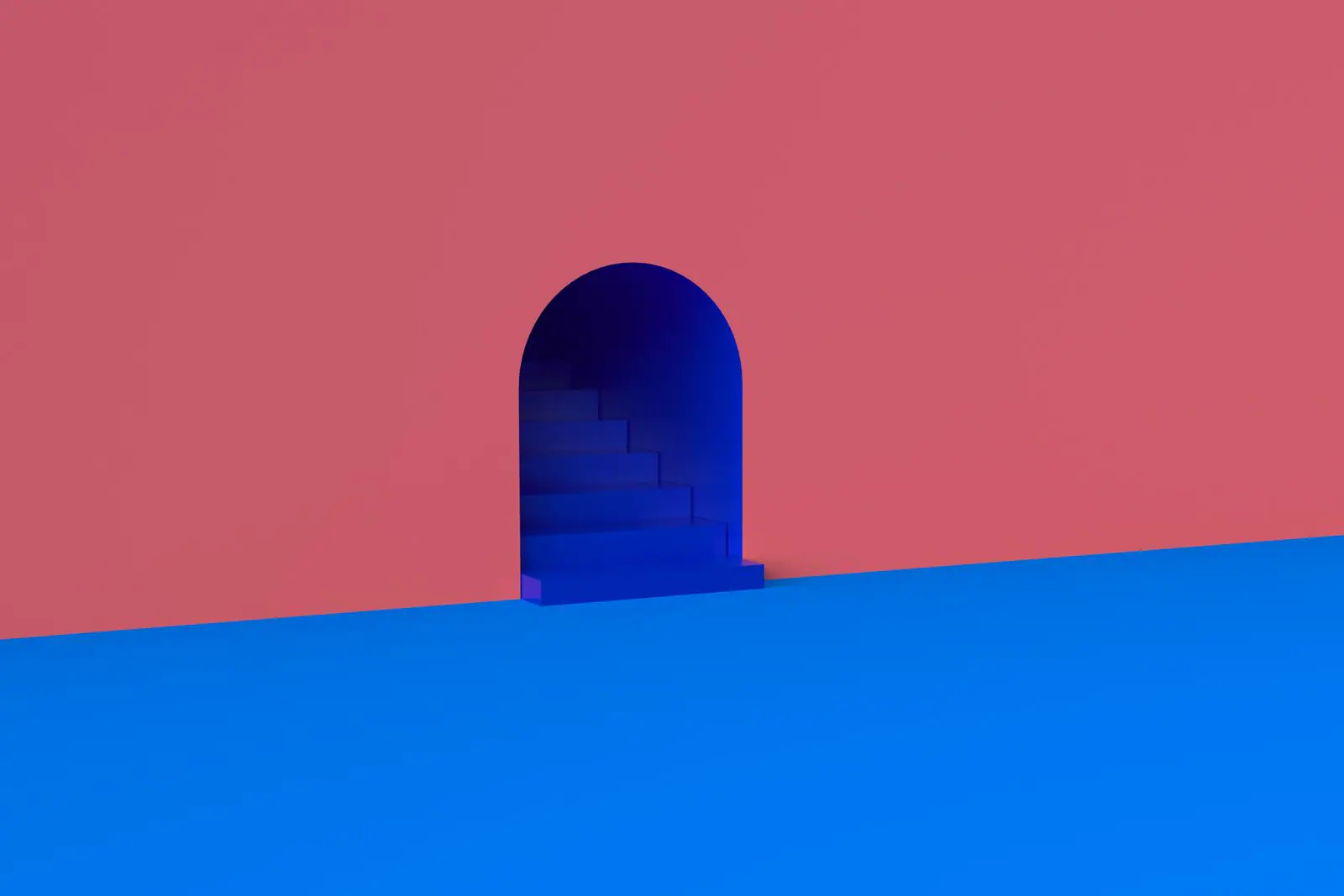 Arched doorway in a coral pink wall above a blue floor
