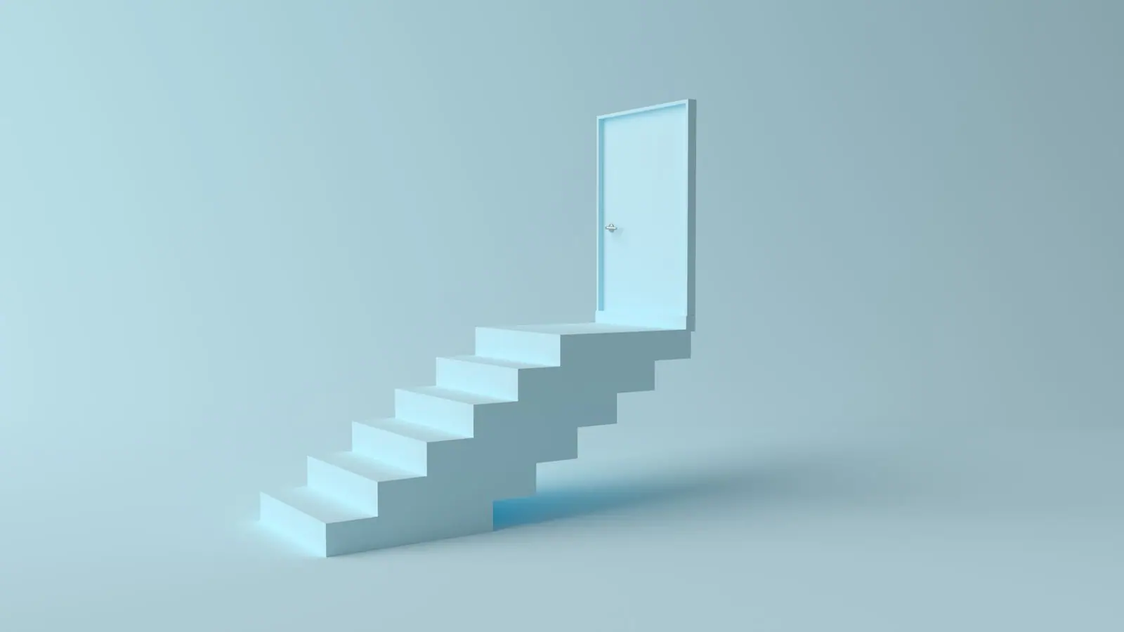 White staircase rising to an open door against a pale blue wall