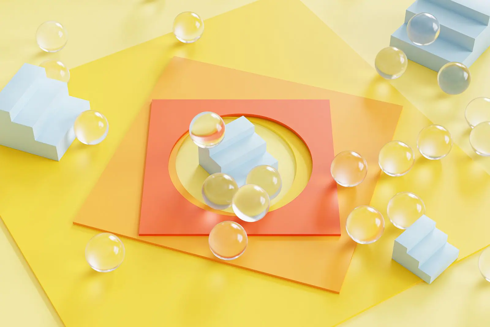 Yellow and orange 3D shapes with glass spheres